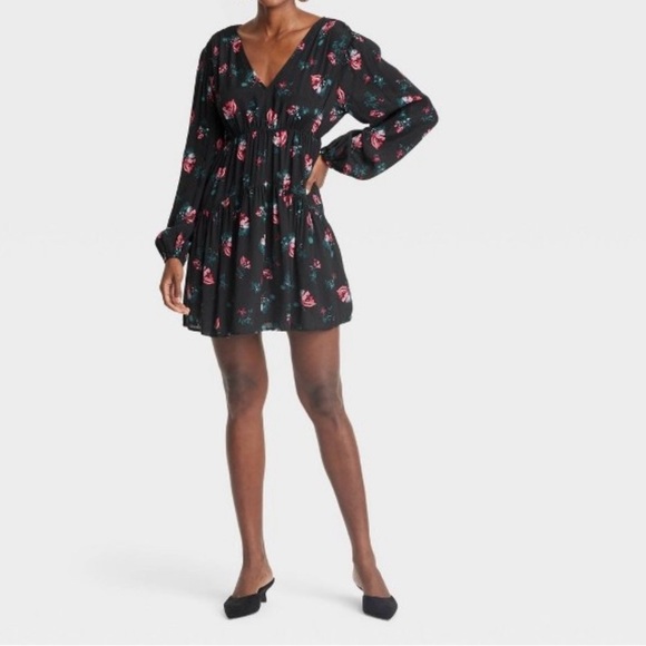 A New Day Black Floral Long Sleeve Mini Dress Large - Picture 6 of 7